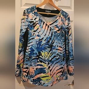 Reel Legends Women's Tropical Leaf Print Long Sleeve Top - Blue and Pink